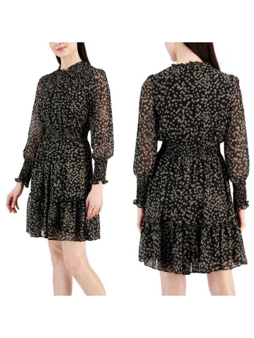 Taylor Women's Printed Smocked-Waist Tiered Chiffon Dress - Black/Latte - Picture 2 of 14